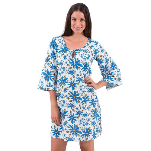 Cotton Tunic, Kaftan Dress | Aloha Blue Daisy | XS - 3XL