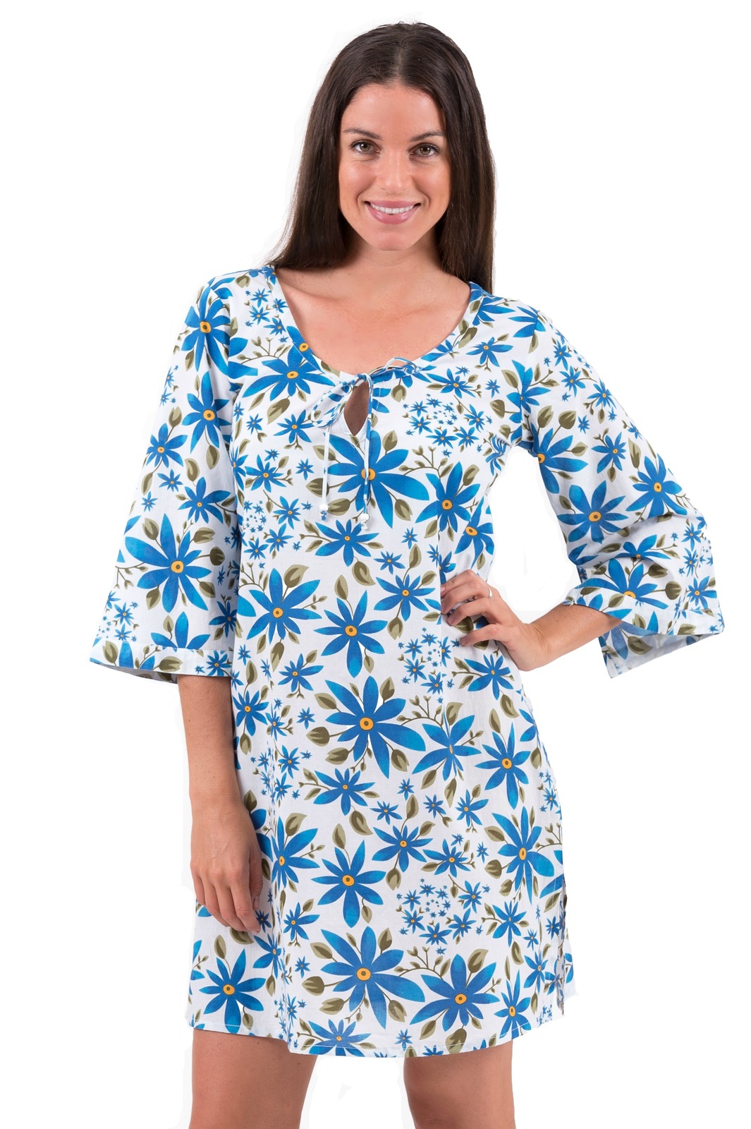 Cotton Tunic, Kaftan Dress | Aloha Blue Daisy | XS - 3XL