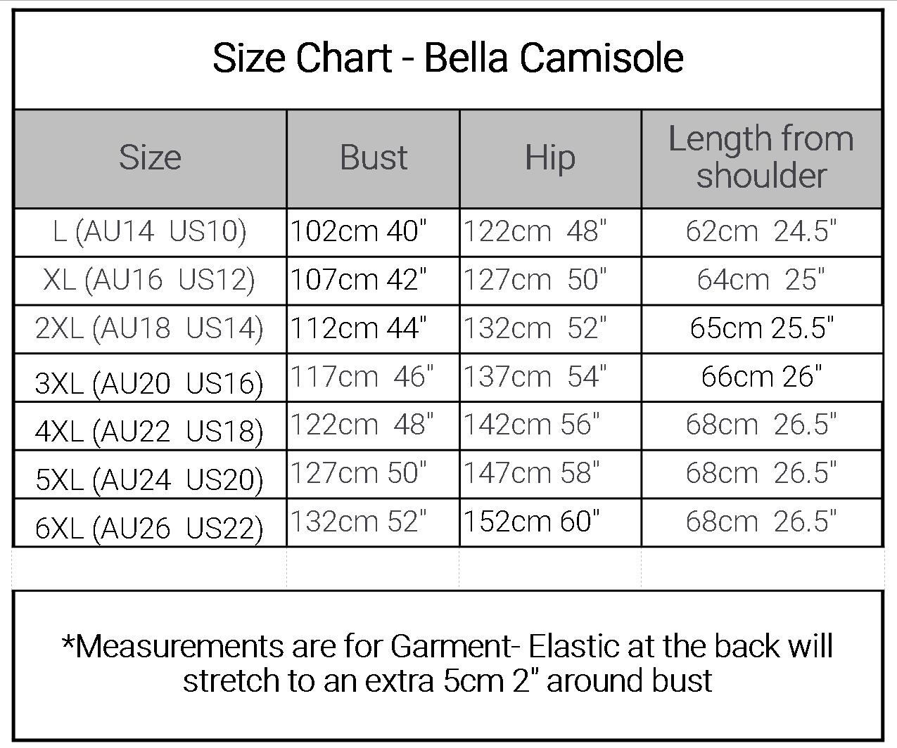 Bella Cotton Camisole Size Chart