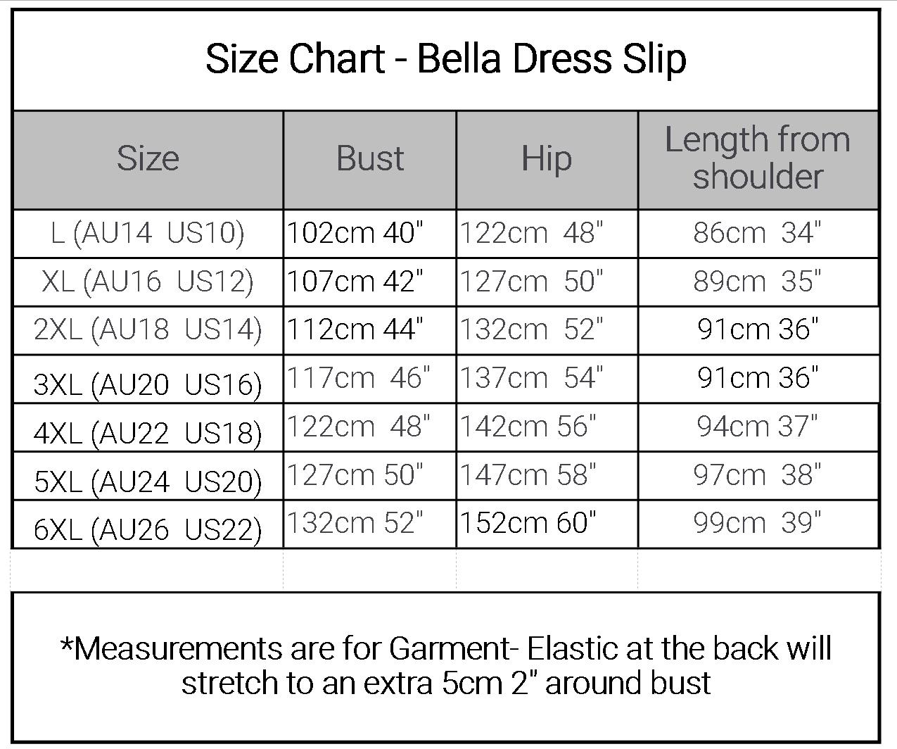 Bella cotton dress slip above knee size chart